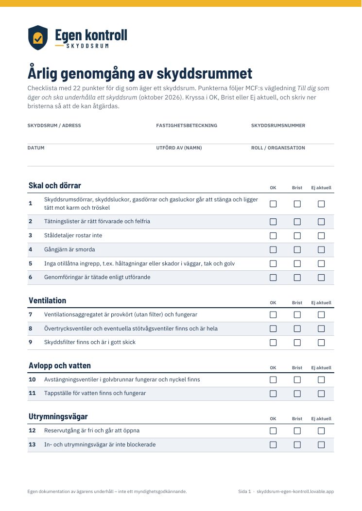 Första sidan av checklistan med fält för skyddsrum och datum och punkterna för dörrar och ventilation